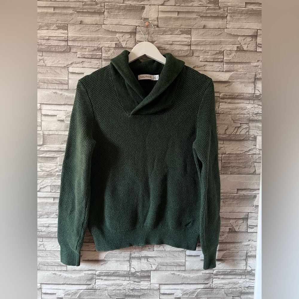 Náutica Men’s Chunky Knit Dark Olive Green Shawl Collar Pullover Holiday Sweater